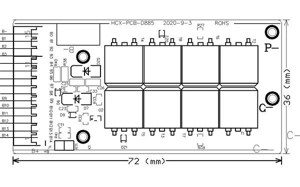 13串54V分口锂电池保护板方案(图1) PCB尺寸图
